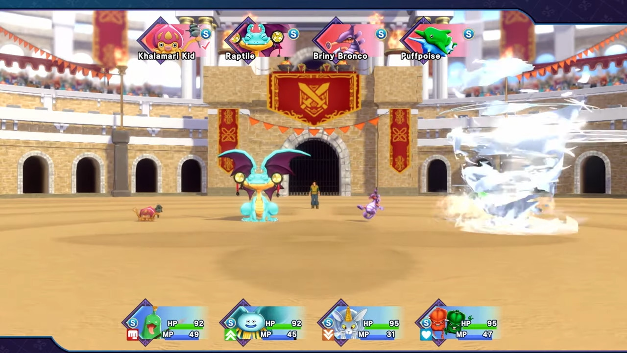 Multiple monsters in Dragon Quest Monsters getting hit by a tornado attack in an arena